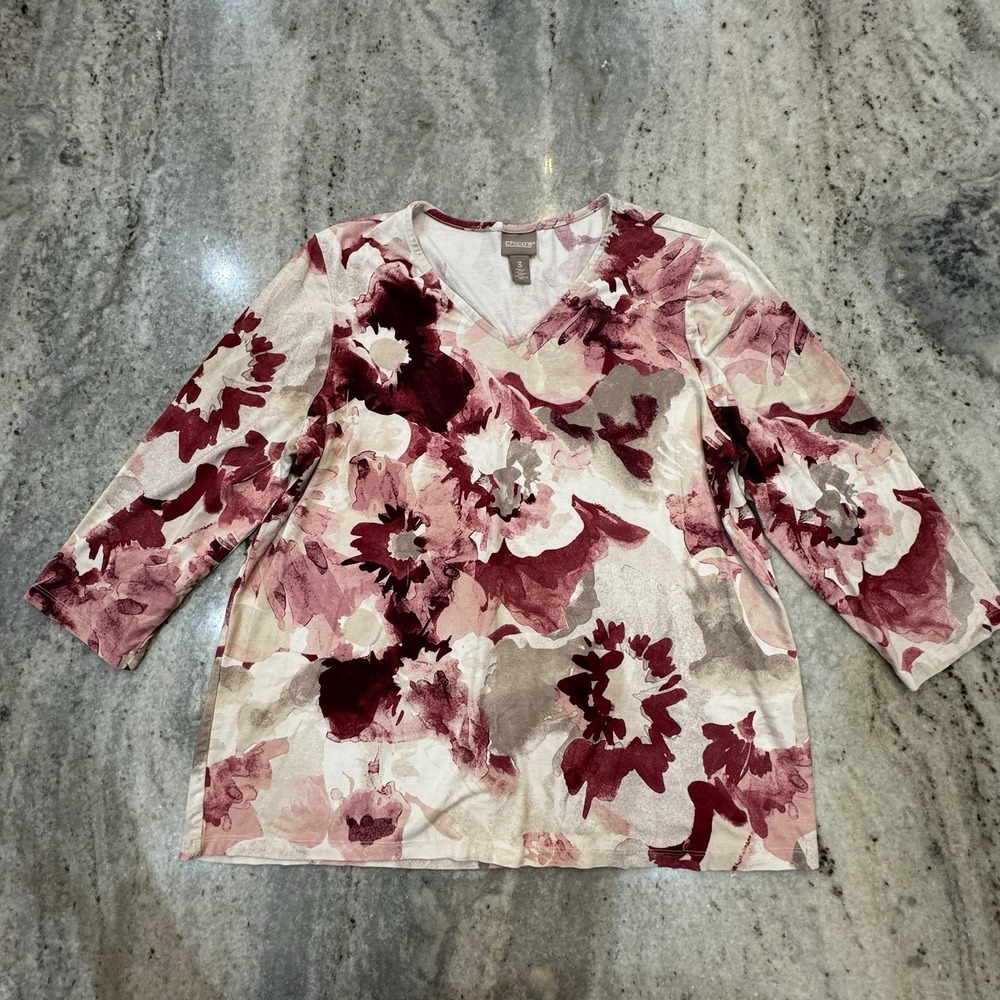 Chicos Sz 3 US XL Rose Floral Top 3/4 Sleeve Viscose Soft Resort Office Classic